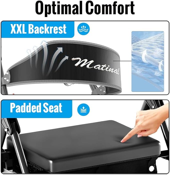 Foldable Rollator Walkers with Seat for Seniors, Lightweight Rollator Walker with 8" Big Wheels, Height Adjustable Ergonomic Rolling Walker Seat, Aluminum and Carbon Steel (Black)