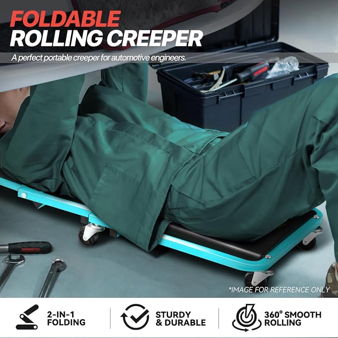 Foldable Creeper, 2-in-1 Rolling Garage Z Creeper Car & Seat, 36" Roller Mechanics Under Car Chair, 330 LBS Weight Capacity Heavy Duty, Ocean Blue