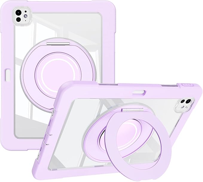 Dteck for iPad Pro 11 inch (M4/M5) 2024/2025 Release Shockproof Clear Case with Stylus Pencil Holder/Rotating Kickstand/Swivel Handle, Lightweight Protective Slim Transparent Tablet Cover, Purple