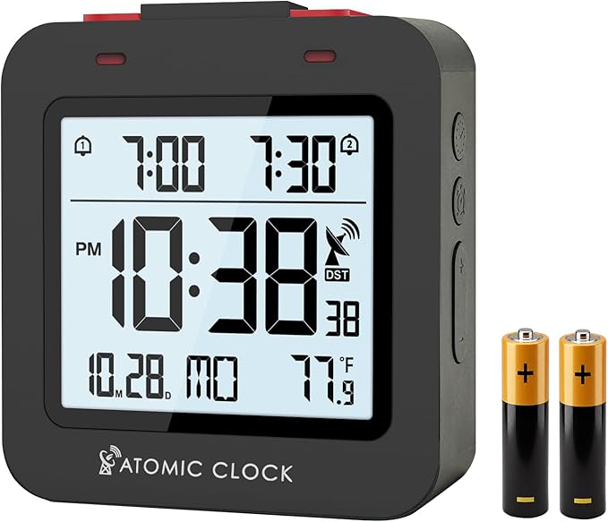 Small Digital Atomic Alarm Clock for Bedroom, 3.15 Inch Portable Travel Clock with Dual Alarms and Snooze, Indoor Temperature, 8s Backlight, Battery Included, Black