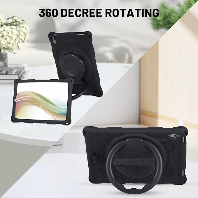 Dteck for iPad mini A17 Pro/iPad mini 6th Generation Back Cover 8.3" 2024/2021 Release, Durable Lightweight Silicone Case with Rotate Kickstand/Handle, Shoulder Strap/Screen Protector Included, Black