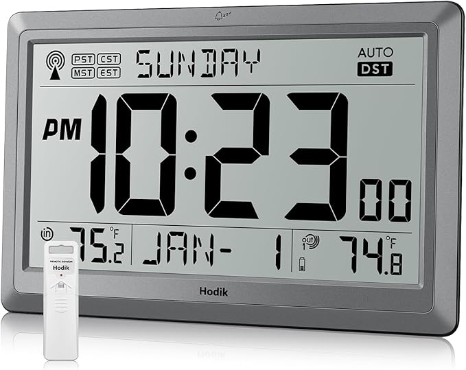 HODIK Wall Clock Atomic with Indoor Outdoor Temperature Battery Powered, Easy Reading with 10.5 Inch LCD Display, 330FT Range Table Wall Clock with DST, 12/24 Hour for Living Room Kitchen (Silver)