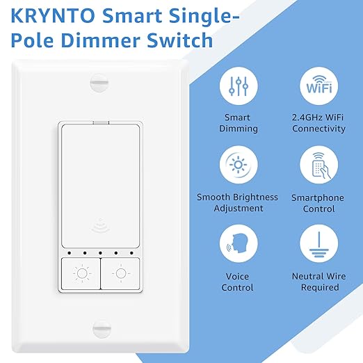1 Pack Smart Dimmer Switch, Single Pole with Neutral Wire Required, 2.4GHz WiFi Switch Compatible with Alexa & Google Home, No Hub Needed, 150W Max LED/CFL 600W Max Incandescent, ETL Certified, White