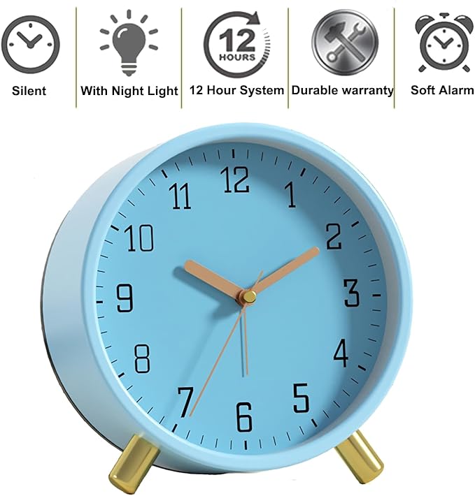 SHISEDECO Alarm Clock with Backlight, 4.5 inches Bedside Analog Non-Ticking Silent Small Deskclock with Arabic Numerals, Battery Operated Round Tableclock for Living Room, Bedroom (Blue)