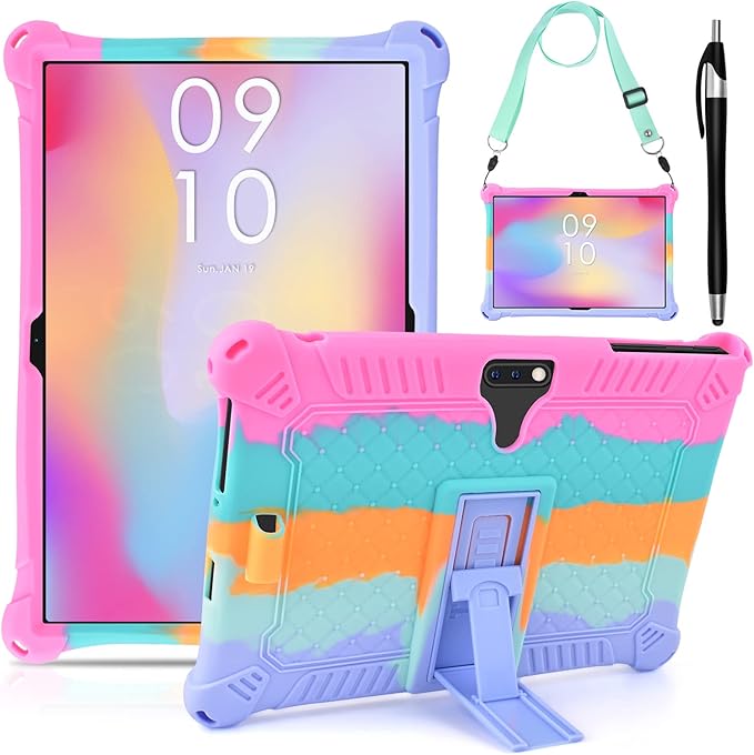 DETUOSI 10.1 inch Tablet Case Compatible with Feonal 10", ANTEMPER Touch 10.1, Gowin Touch 10.1, WECOOL WM1001R 10 inch, Soft Silicone Lightweight Case with Stylus Pen & Strap, Dazzling Pink