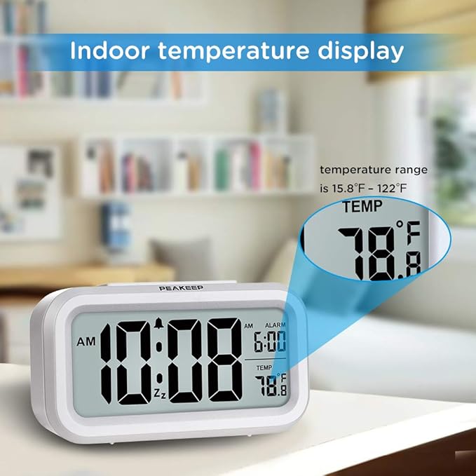 Peakeep Night Light Digital Alarm Clock Battery Operated with Indoor Temperature, Desk Small Clock (White)
