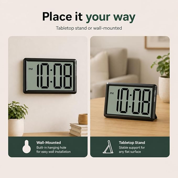 KWANWA Digital Alarm Clock, 3.8-inch Extra Large LED/LCD Digits, Battery or USB Powered, Auto Light Sensor for Day/Night, Wall Clock & Desktop Stand for Seniors, Bedroom, Office, Living Room