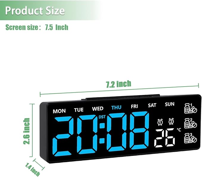 45MinST 8 Inch LED Digital Clock with Medication Reminder – Large Display with Time, Date, Day, Temperature, 3 Daily Reminders, Dual Alarm, Silent Electronic Clock for Home, Office, Bedroom(Blue)