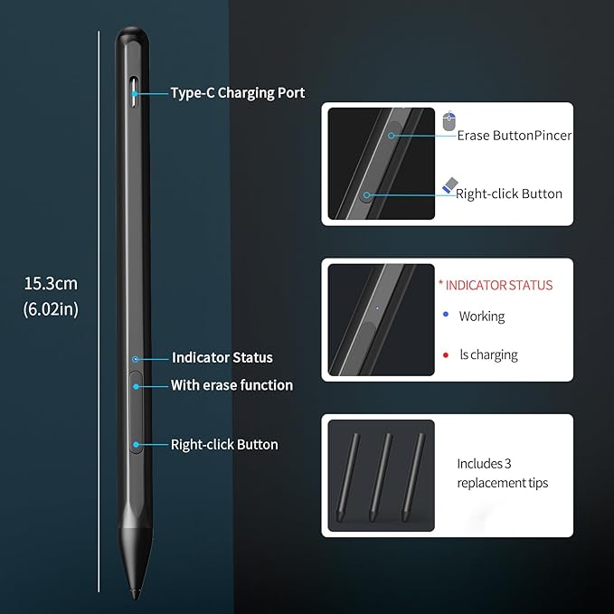 Stylus Pen for ASUS Transformer/Mini/ASUS Zenbook Flip/Pro/ASUS Vivobook Flip/Pro/Duo/ASUS Notebook, Rechargeable MPP 2.0 Tilt Active Pen with 4096 Pressure Sensitivity, Tpye-c Charge, Black