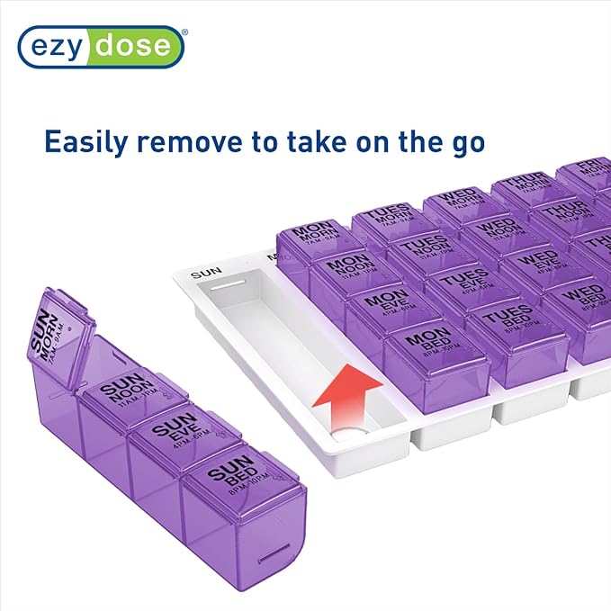 Ezy Dose Weekly (7-Day) Pill Organizer, Vitamin and Medicine Box, Large Pop-Out Compartments, 4 Times a Day, Purple