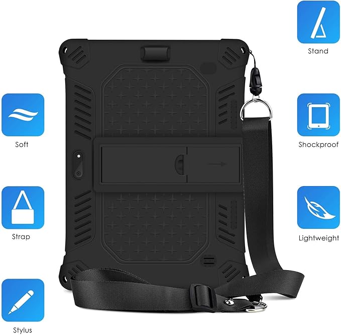 DETUOSI Case for YELLYOUTH 10.1 Tablet, Soft Silicone Lightweight Case Compatible with Dragon Touch Notepad K10, ZONKO 10.1, Beyond Tab 10.1, with Stylus Pen and Shoulder Strap, Black