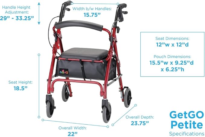 NOVA GetGo Petite Narrow Rollator Walker for Seniors, Lightweight Folding Rolling Walker with Seat, Lock N Load for Easy Transport & Storage, Adjustable Fit 4'10"–5'4", Red