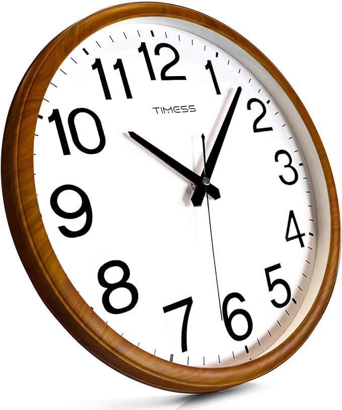 TIMESS Wall Clock, Classic Wood Style Finish, 13 Inch Non-Ticking Silent Battery Operated Analog Clock, Ideal Retro Decor for Home, Bedroom, Living Room, Kitchen, Bathroom, Office (Wood Yellow)