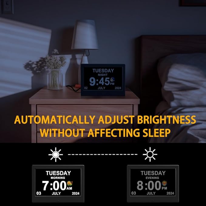 (No Power Adapter Alarm Clock with Day and Date for Elderly 7inch Digital Calendar Clock Photo Frame- Auto Dimmable Display 15 Alarm Options, Clock with Non-Abbreviated Day & Month