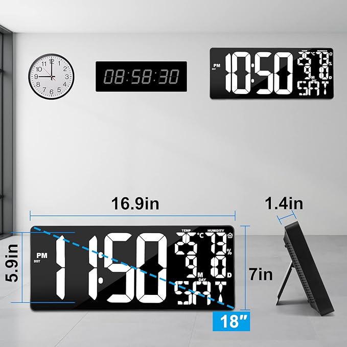 18 Inch Oversized Digital Wall Clock with Remote Control, Auto-Dimming, Temperature, Date/Day of Week, Large Display, Multi-Functional, White