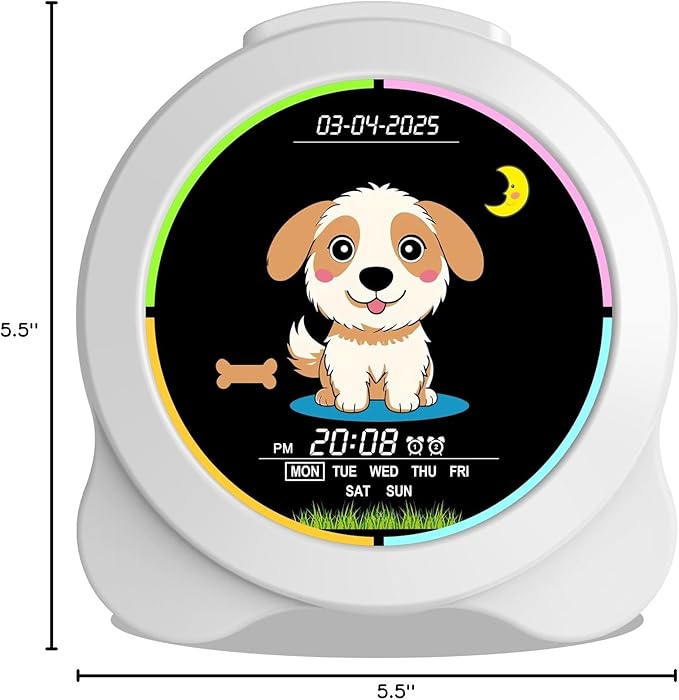 Kids Alarm Clock Sun & Moon& Dog LED Display with Day & Date OK to Wake Clock with Night Light for Kids Children's Sleep Trainer Gift for Boy and Girls