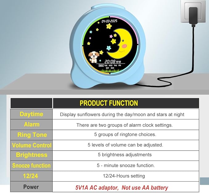 Kids Alarm Clock Sun & Moon LED Display with Day & Date OK to Wake Clock with Night Light for Kids Children's Sleep Trainer Gift for Boy and Girls (Blue)