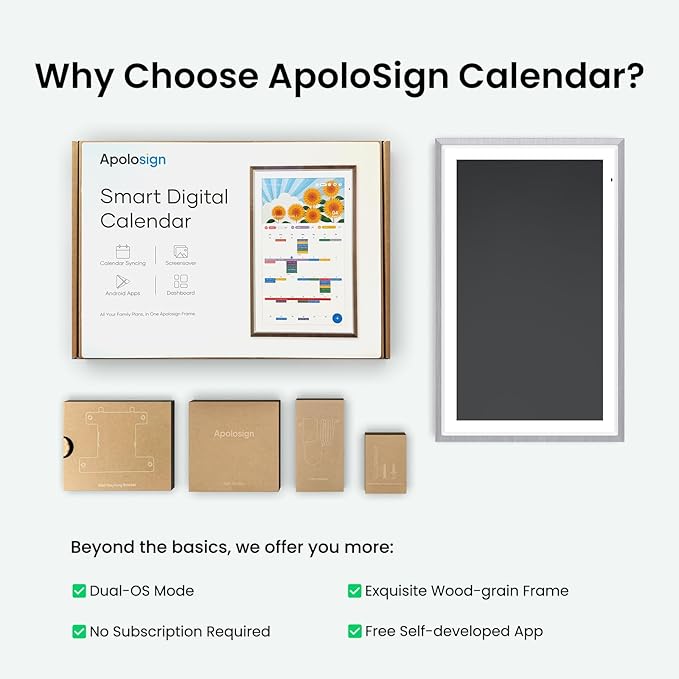 Apolosign 27-inch Digital Calendar : Dual Mode Smart Wall Planner, No Subscription, Install Apps, Sync Calendars, Electronic Touchscreen Interactive Display for Family Schedules, Chore Chart - with Stand (Gray)
