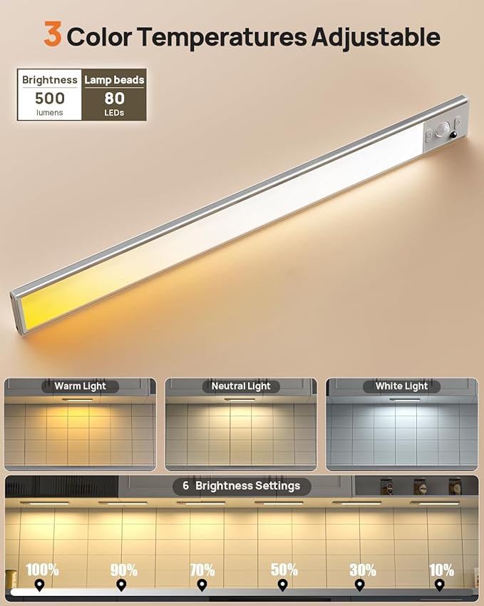 16 Inch Under Cabinet Lights, LED Motion Sensor Light Indoor, 4000mAh Rechargeable Closet Light with Remote, 3 Color Temps, Magnetic, Wireless Under Counter Lights for Kitchen, Stairs, Hallway, 4 Pack
