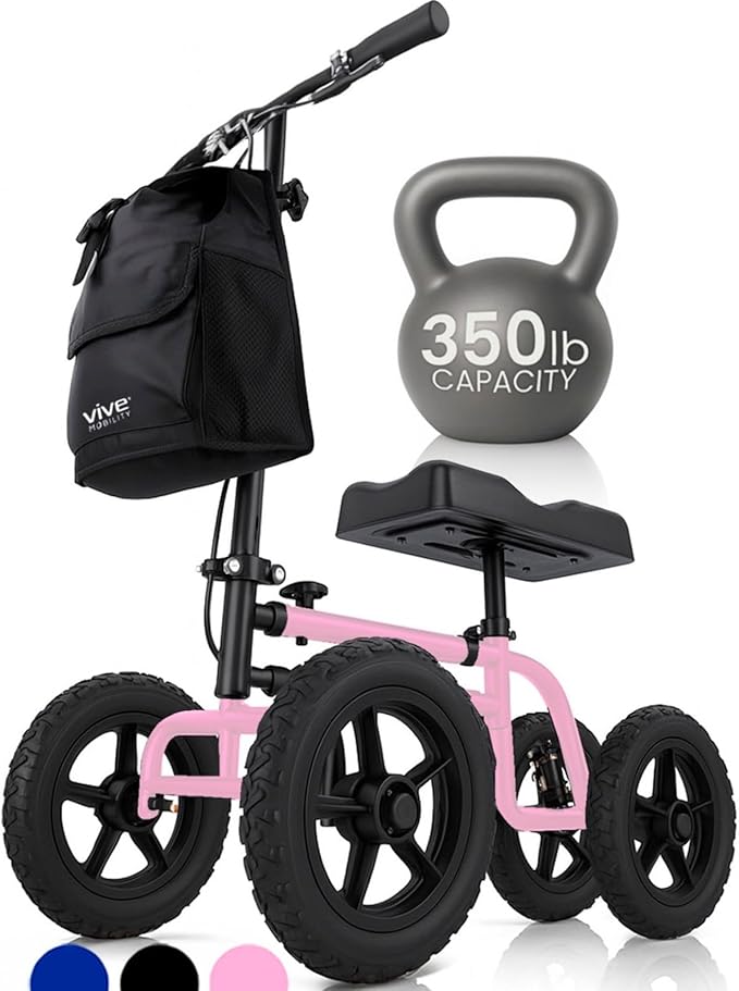 Vive Mobility All Terrain Knee Scooter Walker for Foot Injuries - Adult Broken Leg Crutch Cart Roller for Surgery, Broken Foot, Ankle Injury - Kneeling Rolling Steerable Seated Wheel Scooter Aid