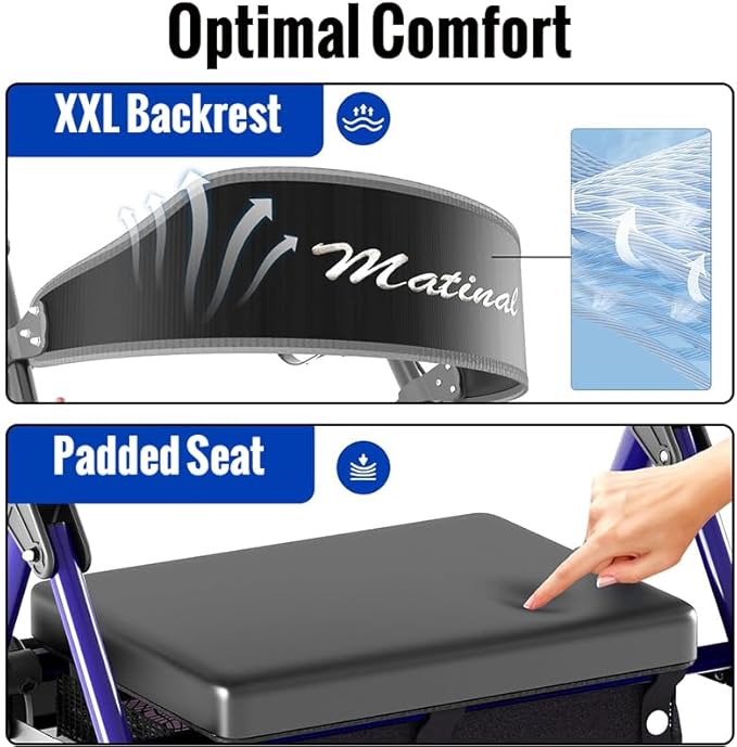 Foldable Rollator Walkers with Seat for Seniors, Lightweight Rollator Walker with 8" Big Wheels, Height Adjustable Ergonomic Rolling Walker Seat, Aluminum and Carbon Steel (Blue)
