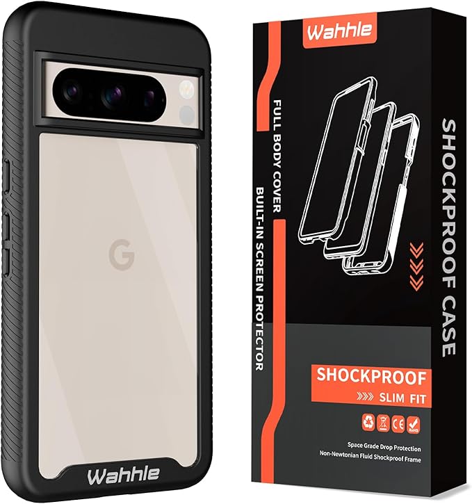 wahhle Compatible with Google Pixel 8 Pro Case, Built in Screen Protector Full Body Shockproof Slim Fit Bumper Protective Phone Cover Men Women-Black/Clear