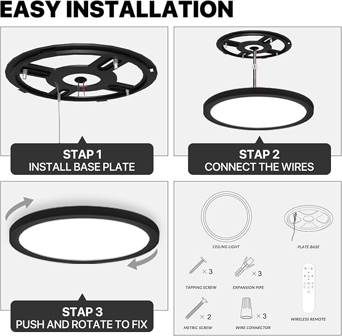 2Pack Dimmable LED Flush Mount Ceiling Light Fixture with Remote Control, 24W 2400LM, 12Inch, 2000K Warm Night Light & 3000K-6500K, Modern Super Slim Ceiling Lamp for Bedroom Kitchen, Black