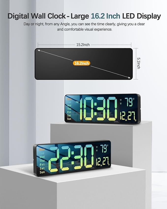 JoFomp Modern 16" Large Digital Wall Clock with Remote Control, LED Display, Auto-Dimming, Countdown, Temperature, Calendar - 12/24Hr Format - Silent Wall Clock for Home, Office (Gradient Green)