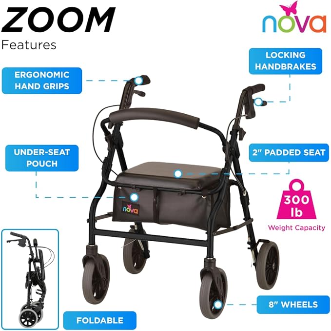 NOVA Medical Products Zoom Rollator Walker with 20" Seat Height, Black