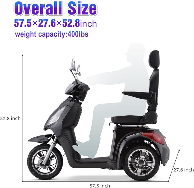 Super Large Electric 3 Wheel Mobility Scooters, 800W Wheelchair Device, 500 LBS Capacity Electric Wheelchair for Seniors & Adults, Speed Adjust, Remote Key, Receive Ready to Ride (Black)