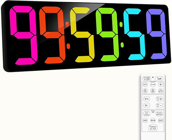 17.2" Large Digital Timer Wall Clock with Remote Control, Count Down Up Digital Timer, Auto DST LED Big Digital Clock for Bedroom Kitchen Living Room Office Gym Home Decor, RGB