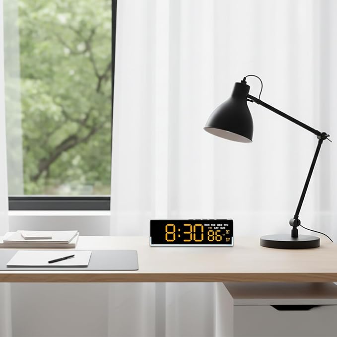 45MinST 7-Inch LED Digital Alarm Clock with Bottom Glow Light｜Displays Time, Date, Day, Temperature｜Dual Alarms, DST, Auto/Manual 3-Level Brightness, Battery or USB Powered Desk Clock,Orange