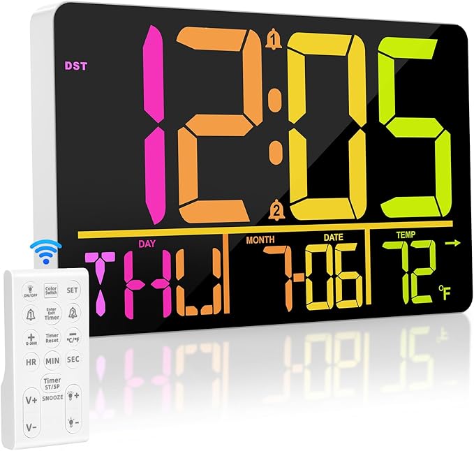 PERSUPER 13" Large Digital Wall Clock with Remote, RGB Color Changing, 25 Ringtones, 0-100% Auto/Custom Brightness, Temperature, Calendar, 12/24H, DST, Timer, for Living Room/Bedroom/Office/Elderly