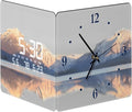 12'' Double Sided 90° Corner Wall Clock, Golden Sunrise & Lake, Radar Motion Activated, Analog & LED Display with Temp Humidity Date Day, Silent Non-Ticking Plug-in for Living Room Hallway