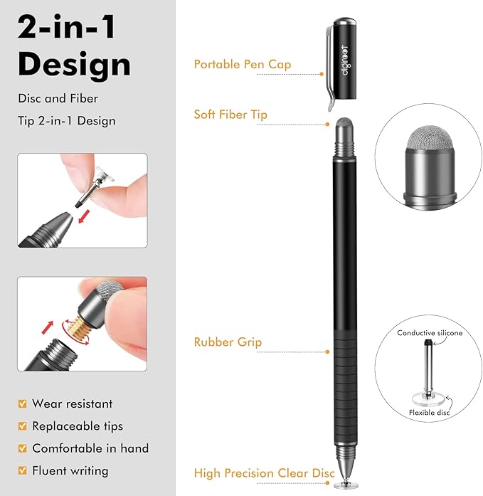 Digiroot Universal Stylus,[2-in-1] Disc Stylus Pens for All Touch Screens Cell Phones, iPad, Tablets, Laptops with 6 Replacement Tips(4 Discs, 2 Fiber Tips Included) - (Black)