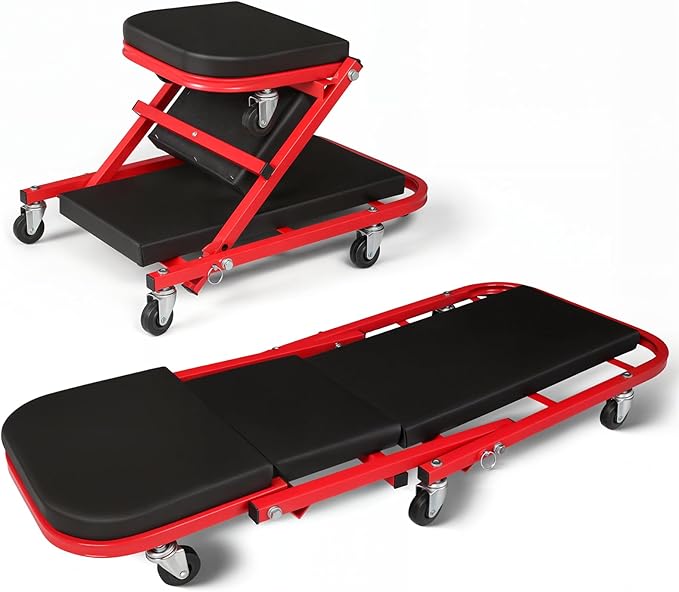Magshion 40" Triplex Folding Creeper and Rolling Seat 2-in-1 330 lbs Capacity Foldable Mechanic Creeper Garage Stool Lay Down or Sit (Red)