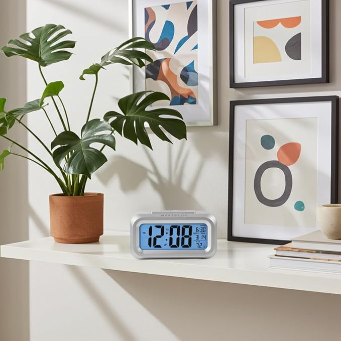 Westclox Alarm Clock with Large Digital Display and Blue Backlight on Demand, Westclox Alarm Clock, Month/Date and Temperature Display with Ascending 5 Minute Snooze Alarm, Silver