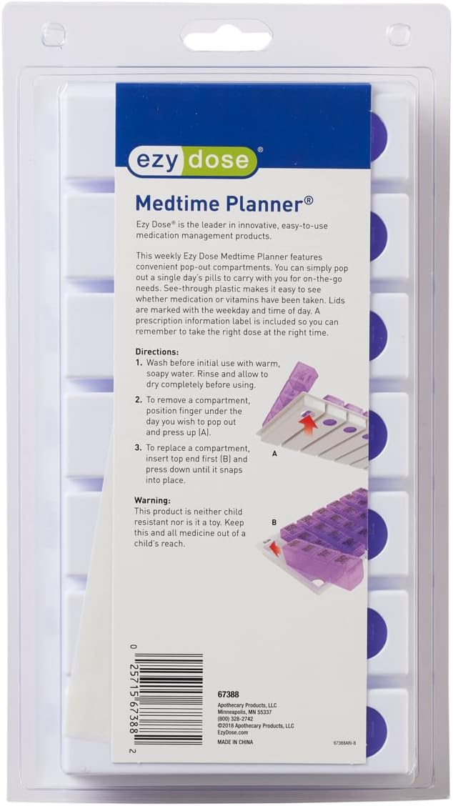 Ezy Dose Weekly (7-Day) Pill Organizer, Vitamin and Medicine Box, Large Pop-Out Compartments, 4 Times a Day, Green