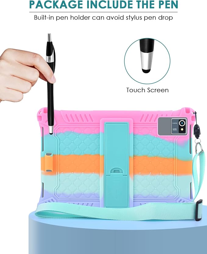 DETUOSI Silicone Case for Okaysea 10.1 inch Tablet with Stylus Pen & Shoulder Strap, Multi-Angle Stand Case, Soft Lightweight Protcetive Cover for QunyiCO 10.1, Moderness MB1001 10.1, Dazzling Pink