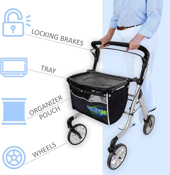 HEALTHLINE Rollator Walker for Seniors - Lightweight 4 Wheel Eldery Walker Heavy Duty - Rollator Walkers for Seniors with Basket & Tray - Narrow Doors Indoor Rollator White Color