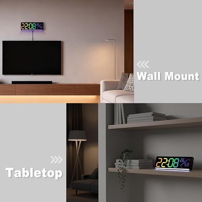11-Inch LED Digital Wall Clock with RGB Flowing Light, Seconds, Date, Time, Temperature｜ Clear Large Numbers, Dual Alarm Settings, Remote Controlled ｜ Stylish Modern Clock for Living Room, Bedroom