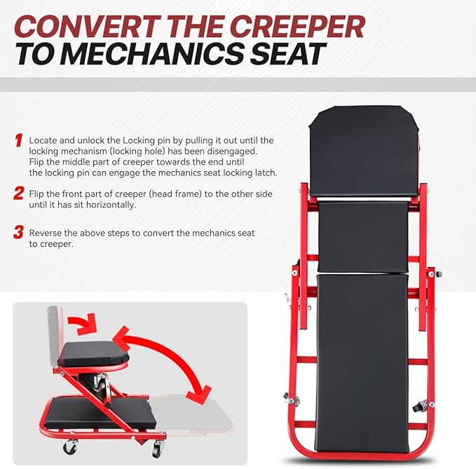 2-in-1 Foldable Rolling Z Creeper & Seat, 40" Low-Profile Roller Mechanics Under Car Chair 330 LBS Weight Capacity Garage Roller Creeper with 6 Swivel Casters