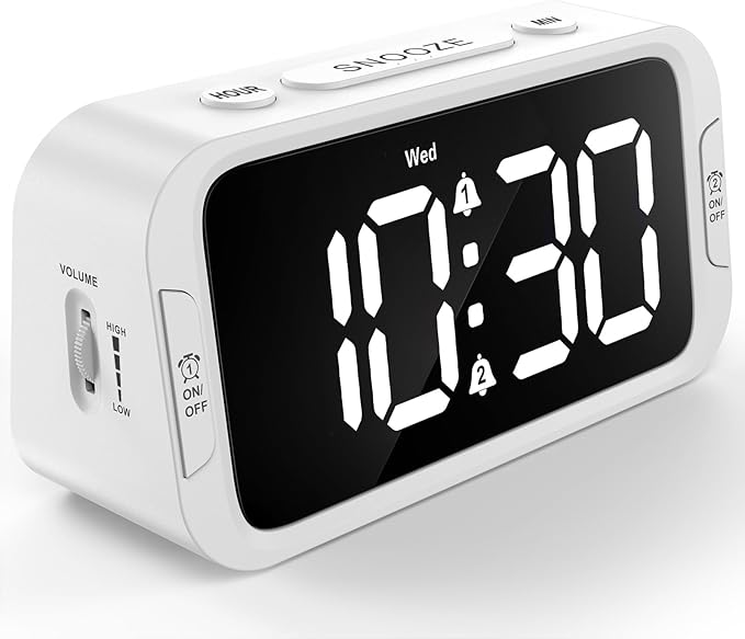 Odokee Digital Dual Alarm Clock for Bedroom, Easy to Set, 0-100% Dimmer, USB Charger, 5 Sound Adjustable Volume, Weekday/Weekend Mode, Snooze, 12/24Hr, Battery Backup, Compact Clock for Bedside(White)