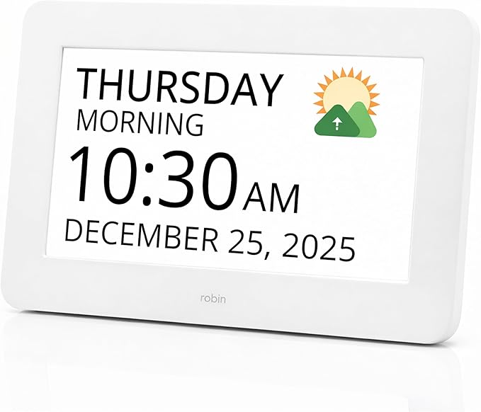 Robin Clock 2026 with Day and Date for Elderly, Clocks for Seniors, Dementia Clock, Digital Calendar Elderly, Bedside Clocks Seniors, Alzheimers Products, Dementia Clocks Large, White