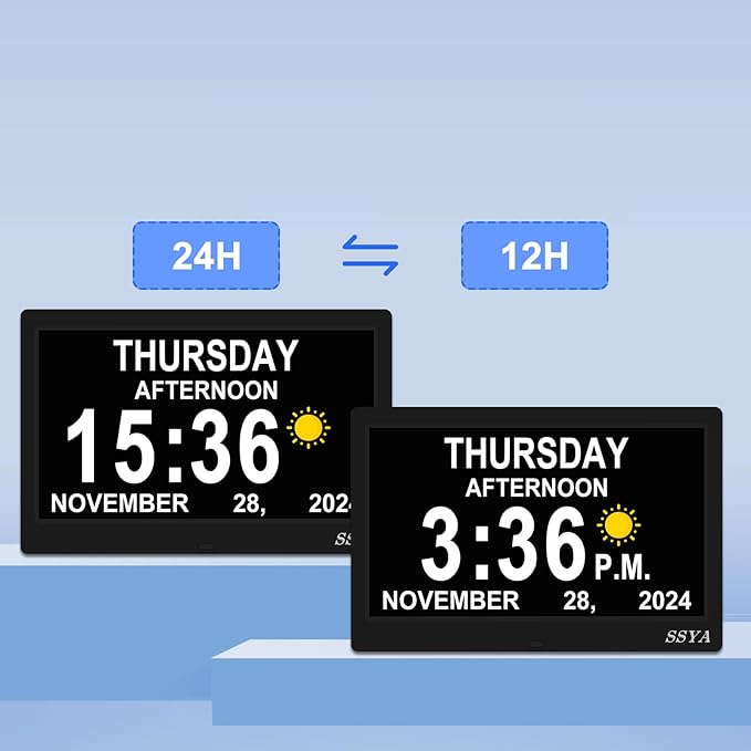 SSYA Dementia Clock for Seniors Digital Large Calendar Alarm Clock Auto DST Black