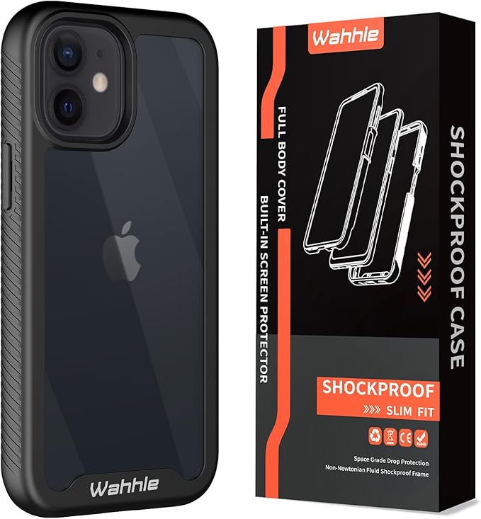 wahhle Compatible with iPhone 12 Mini Case, Built in Screen Protector Full Body Shockproof Slim Fit Bumper Protective Phone Cover 5.4'' Men Women-Black/Clear