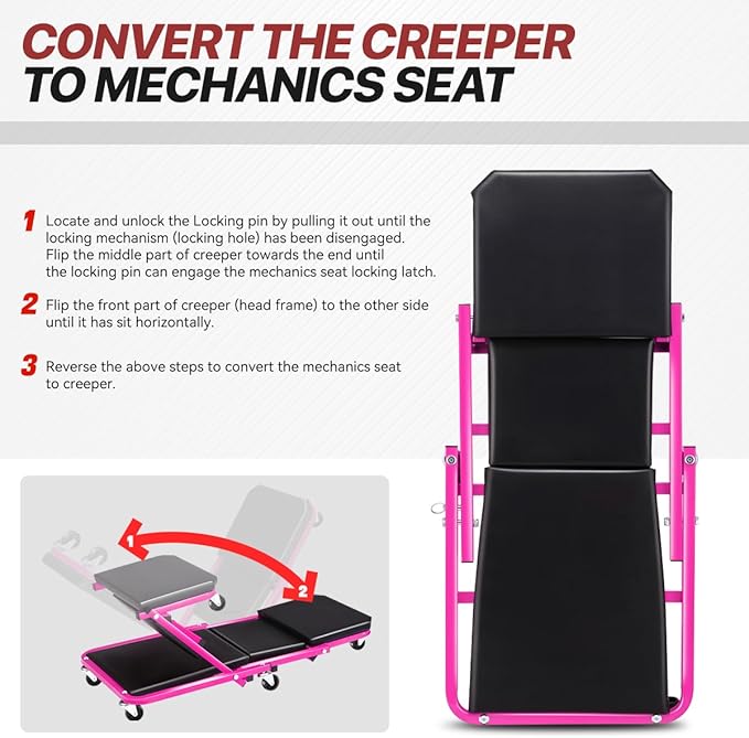 Foldable Creeper, 2-in-1 Rolling Garage Z Creeper Car & Seat, 36" Roller Mechanics Under Car Chair, 330 LBS Weight Capacity Heavy Duty, Rose Pink
