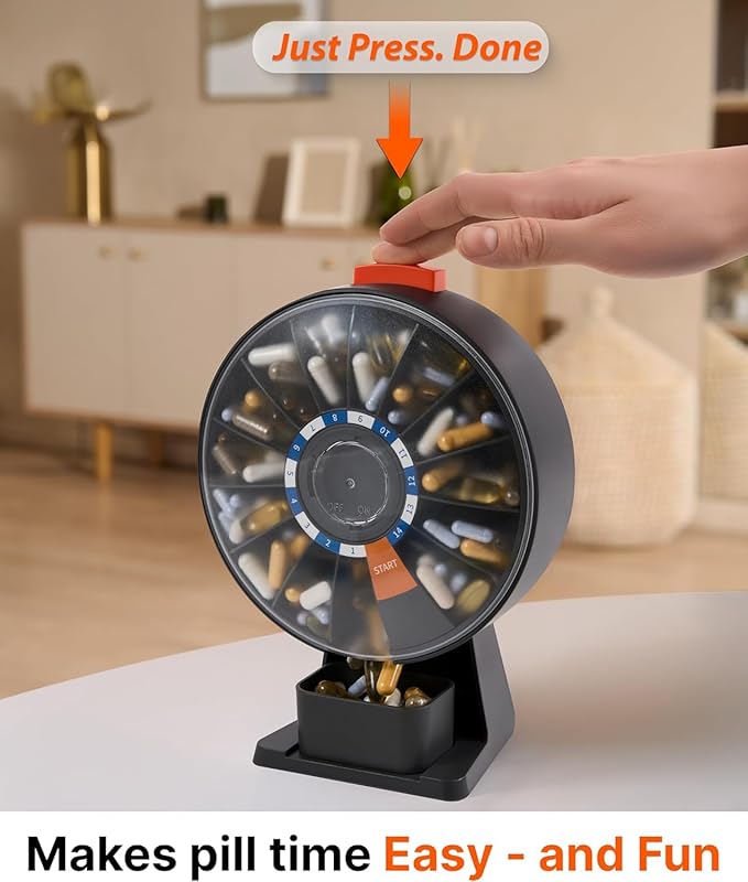 14-Day Rotating Pill Dispenser Wheel Push Button Wall-Mount or Desktop Large Capacity