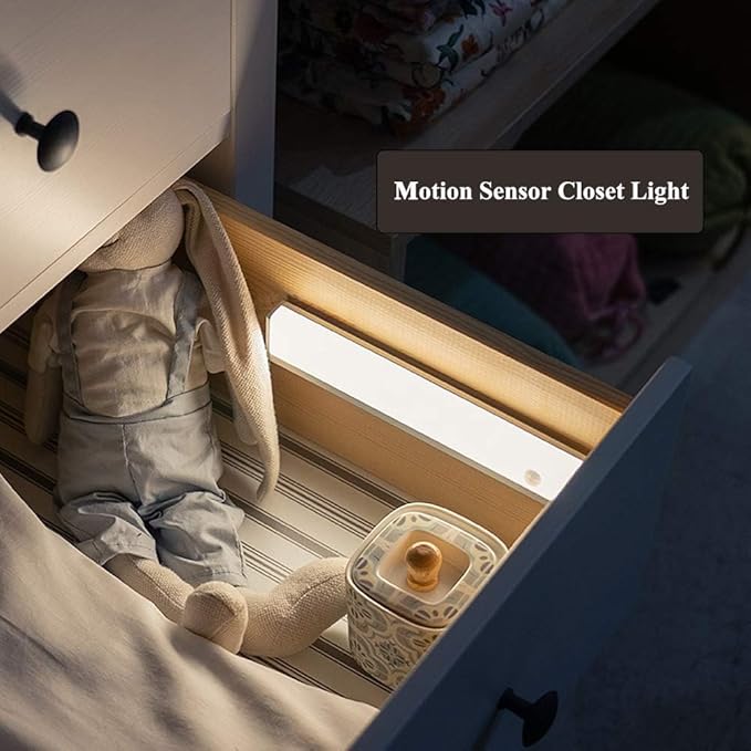 2-Pack Motion Sensor Closet Light, 20cm Rechargeable Magnetic Cabinet Lighting with 1100mAh Battery Each, Dual-Sided Illumination, 3 Modes, Warm White for Under Counter Kitchen Stairway
