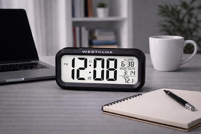 Westclox Digital LCD Alarm Clock with Large 1.4" Display, White Backlight on Demand, Month/Date and Temperature Display, Ascending 5-Minute Snooze Alarm – Bedroom or Office (Black)